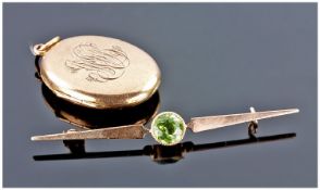 Early 20thC 9ct Gold Victorian Oval Locket, Together With A Bar Brooch Set With Peridot Coloured