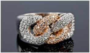 18ct Gold Two Tone Dress Ring Pave Set With White Faceted Stones, Stamped 750, Ring Size Y