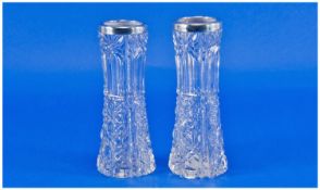 Edwardian Pair Of Silver Banded Cut Glass Small Vases. Each 5.5 inches high.