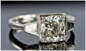 Platinum Diamond Ring Set With A Single Round Cut Diamond, In a Square Setting, Unmarked, Tests