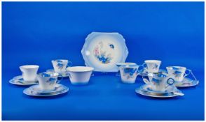 Shelly Art Deco 21 Piece Tea Service Phlox Pattern. Pink and blue Phlox with grey leaves, outer