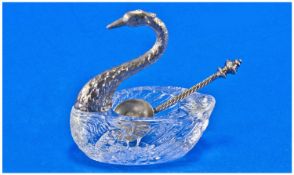 Glass Salt In The Form Of A Swan With White Metal Neck And Head Together With Spoon