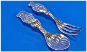 American Novelty Christening Fork & Spoon The Handles Modelled As A Parrot & Monkey, Marked Reed &