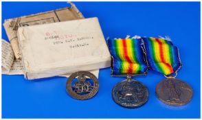 World War I Medals, 3 In Total. Awarded To PTE C.I. Havers W.RID.R. 1, 1914-1918 silver medal, the