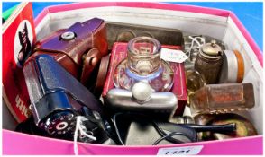 Box Of Misc Oddments And Collectables, Comprising Two Cameras, Ink Wells, Hip Flask, Cigarette