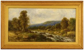 J. Knight (Victorian Painter) Oil On Canvas. River landscape with figure. Signed. Measures 12 x 23.