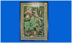 A Large Watercolour Drawing Of A Young Huntswoman. Clad in green clothing in a woodland setting.