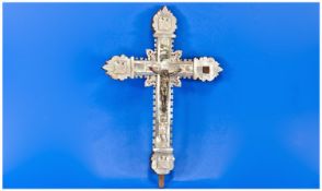 Carved Antique Mother Of Pearl Crucifix. The cross carved with saintly figures to the corners with