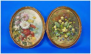 A. Connelly Irish Artist Pair Of Still Lifes Flowers Watercolour. Signed. Mounted and framed behind