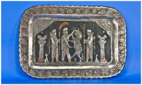 An Unusual Persian Copper Tinned Decorated Tray, of oblong shape and heavy quality. Embossed with a