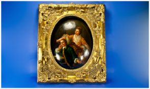 Painting on Oval Wood Panel in Ornate Gilt Frame, Depicting a Romantic French Couple in a Room