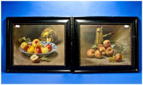 Pair Of Coloured Prints Of Peaches And Apples In Bowls On Table Tops. Signed A.F. Bunnardel, in