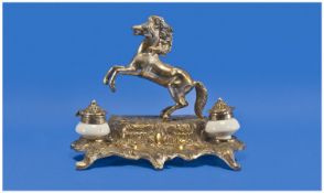 A Silvered And Brass Early 20th Century Figural And Ornate Partners Ink Stand, the rearing horse