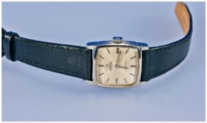Omega Deville Vintage Ladies Steel Cased Wrist Watch, fitted on a black leather strap. Manuel wind.