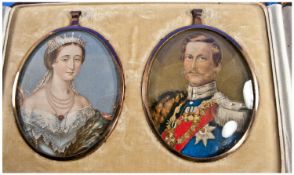 Cased Set Of Portrait Miniatures Showing Albert & Victoria, Yellow Metal Frames, Velvet Backed,