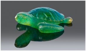 Daum France, A Green Glass Turtle. Etched mark to the base and in its original box. 2.5 inches
