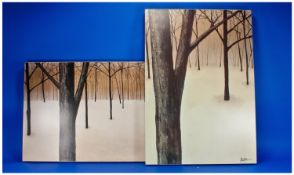 Two Canvas Modern Block Prints `Solitude` 19 x 27 `Fortitude` 17.5 x 36 inches.