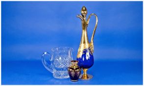 Cut Glass Water Jug, Blue Gilt Flashed Murano Claret Jug with Floral Design with a Small Ruby