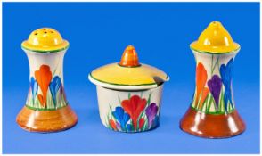 Clarice Cliff Hand Painted 3 Piece Cruet Set `Autumn Crocus` Design. Dated 1929. Bizarre range.