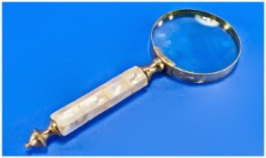 Mother Of Pearl Handled Magnifying Glass With Brass Mounts, Length 7.5``