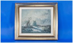 Douglas Coastal Landscape With Gulls In Flight, oil on canvas. Signed. Size 8.25 x 10.25 inches.