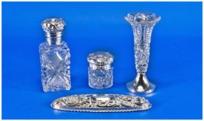 A Small Collection Of Silver Items, 4 in total, Comprises 1. A Silver Topped & cut glass