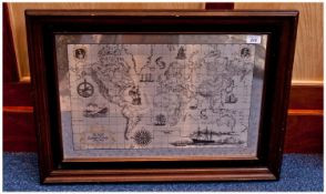 Silver Map Of The World, Glazed In Wooden Frame.