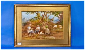 19th Century Signed Watercolour `Girls Picking Flowers`. Signed and dated 1859. Mounted and framed