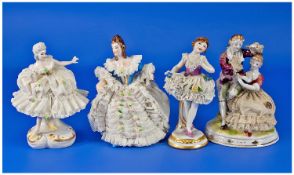 Dresden Late 19th Century Porcelain And Lace Figures, 4 In Total. Various subjects and sizes. 5