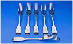 Victorian Set Of Six Large Table Forks. Hallmark London 1842. Each 8 inches in length. Excellent