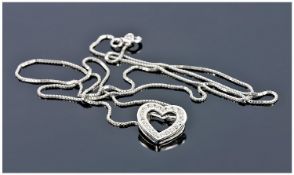 9ct White Gold Diamond Heart Shaped Pendant Suspended On A Fine Box Link Chain, Pendant 11mm x 11mm