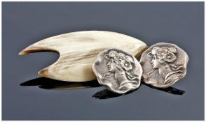 A Silver Pair Of Art Nouveau Buttons. Hallmark Birmingham 1902. Together with vintage brooch made