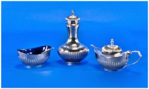 A Boxed 3 Piece Silver Cruet Set Complete with blue liners & spoons. Hallmark Sheffield 1971. Mint