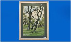 C.C. Moxley (British 20th Century). Forest Landscape. Gouache 21 inches by 14 inches. In wooden