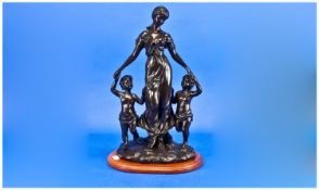 Resin Bronzed Finished Figure of a Lady and Two Boys Holding Hands, raised on a wooden base. 13
