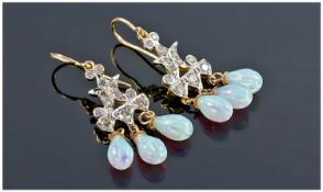 Pair of 18ct Gold Diamond And Opal Earrings, Each With Millegrain Set Diamonds And Three Polished