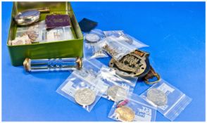 Small Box of Collectables including crowns(1 silver), brooches, travel ashtray, horse brass etc.