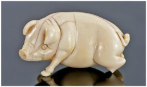 Small Japanese Ivory Carving Of A Pig, Three Legs Broken And Missing, Sold A/F. Length 40mm