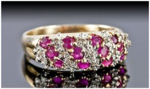 9ct Gold Diamond & Ruby Cluster Ring Set With Alternating Round Cut Diamonds & Rubies, Fully