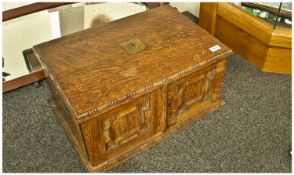 Jacobean Style Oak Canteen Of Cutlery Box, with geometric panels to the front. The interior fitted