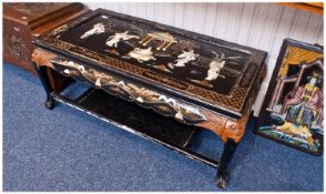 Chinese Black Lacquered Low Table, onlaid to the top carved and decorated mother of pearl Chinese