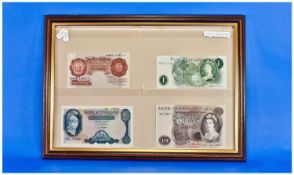 Four Framed Banknotes, Comprising 10 Shillings N46Z 418714, One Pound HZ05 371725, Five Pounds J21