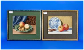 J. Houghton 1842 Pair Of Still Lifes `Fruit Studies` Oil On Board. Signed and dated 1866. Behind