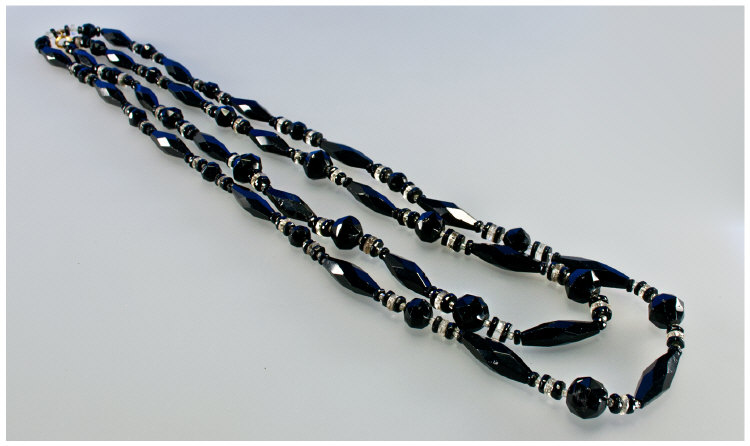 Double Strand Black Jet Fancy Link Necklace With Clear Glass Spacers.