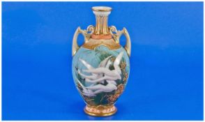 Charles Baldwyn Signed And Finely Painted Royal Worcester Two Handled Baluster Shaped Vase. Swans