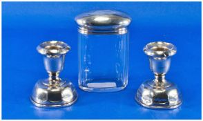 Two Matching Sterling Silver Candlesticks. Hallmarked Birmingham 1930. Plus silver topped dressing