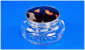 Tortoiseshell And Silver Small Topper Glass Ladies Pin Jar with star base. Hallmark London 1926,