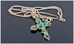 Silver Turquoise Set Pendant Cross, Suspended On A Fine Link Chain, Height Including Bale 40mm,