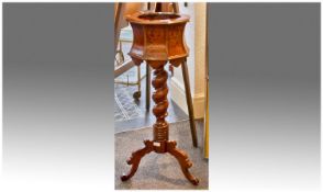 Mahogany Inlaid Plant Pot Stand. The central colour rope twisted terminating on three shaped