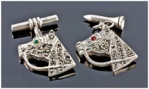Equestrian Interest, Pair Of Silver Cufflinks Modelled In The Form Of Horses Heads Set With